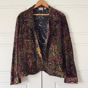 Chicos Velvet Burnout Sequin Blazer XL Red Black Metallic Silk Open Front Jacket